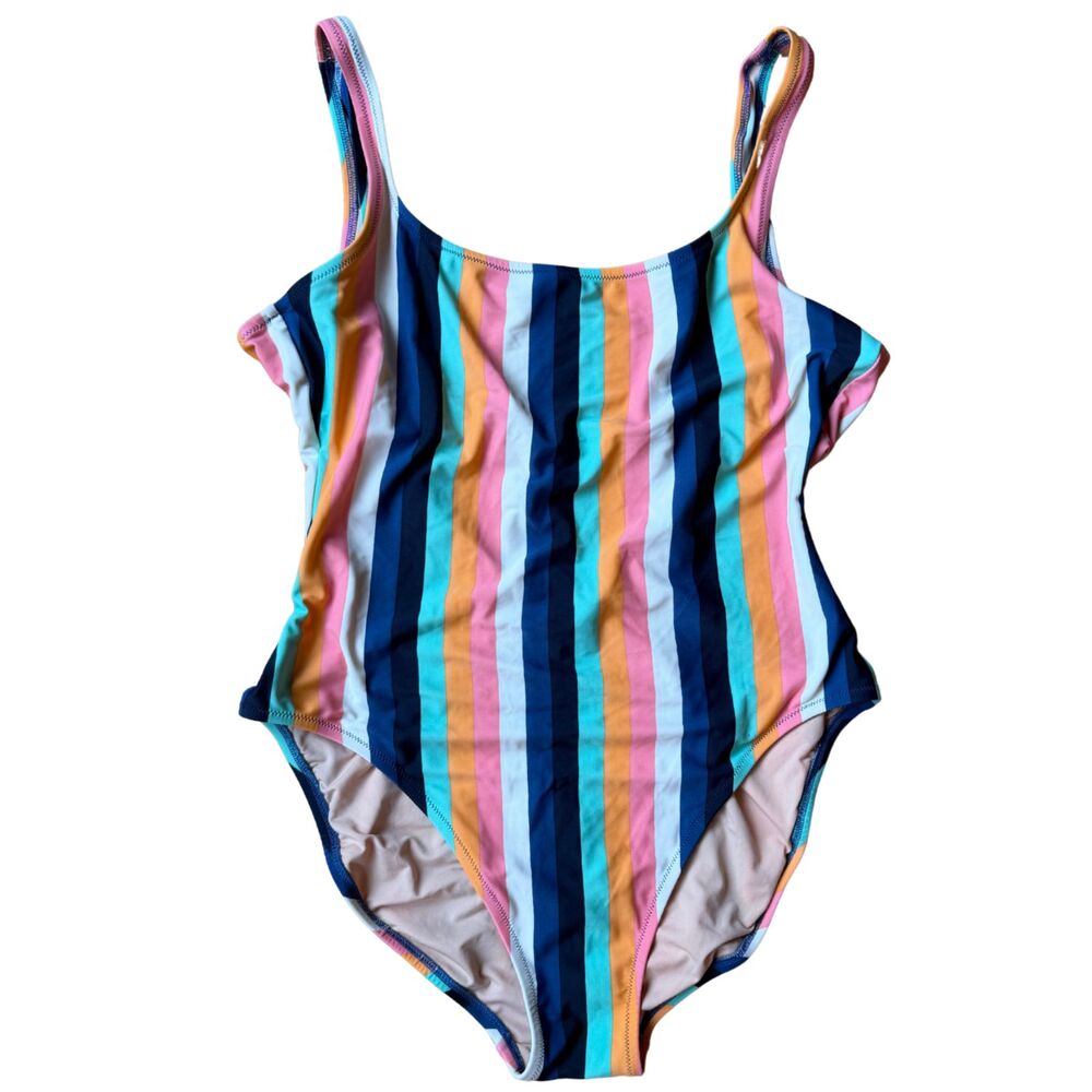 J.Crew Factory Blue Striped One Piece Scoop Back Swimsuit Size L